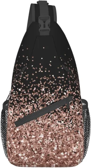 Mvirnsw Blush Pink Rose Gold Black Glitter Sling Bag Crossbody Backpack Hiking Travel Daypack Chest Bag Lightweight Shoulder Bag For Women Men