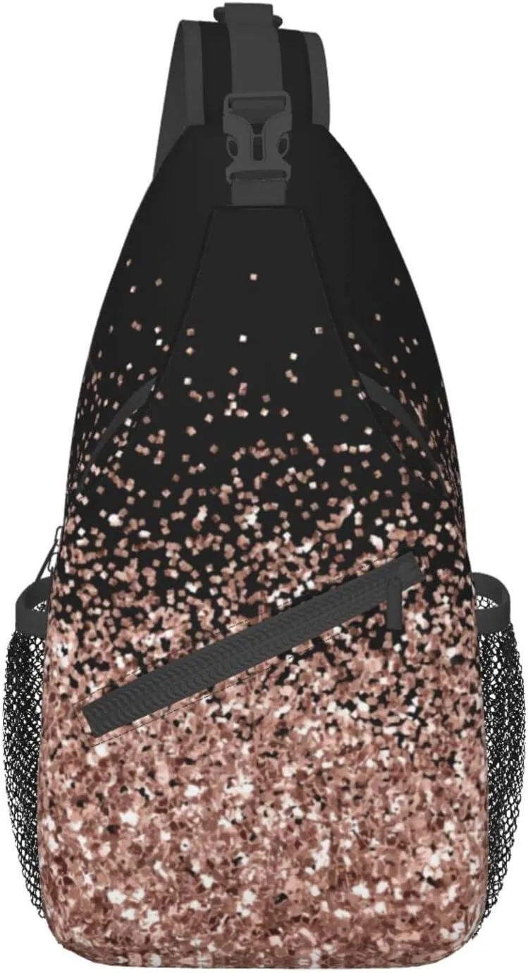 Mvirnsw Blush Pink Rose Gold Black Glitter Sling Bag Crossbody Backpack Hiking Travel Daypack Chest Bag Lightweight Shoulder Bag For Women Men