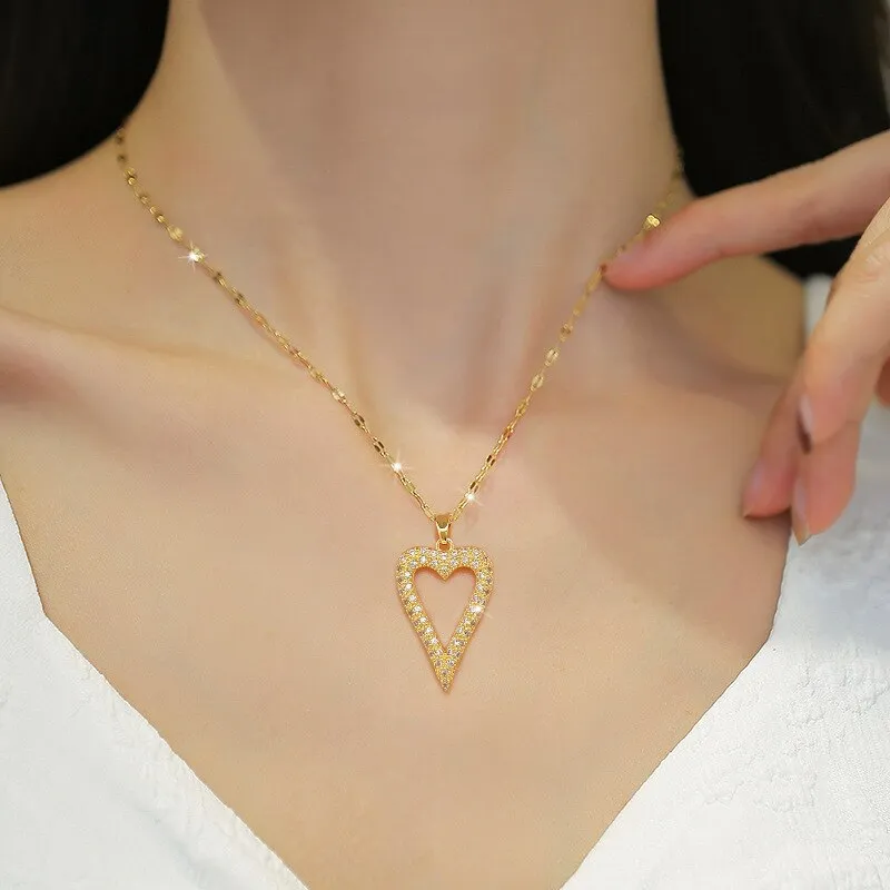 New Arrivals Hollow Big Heart Zircon Pendant Necklace For Women