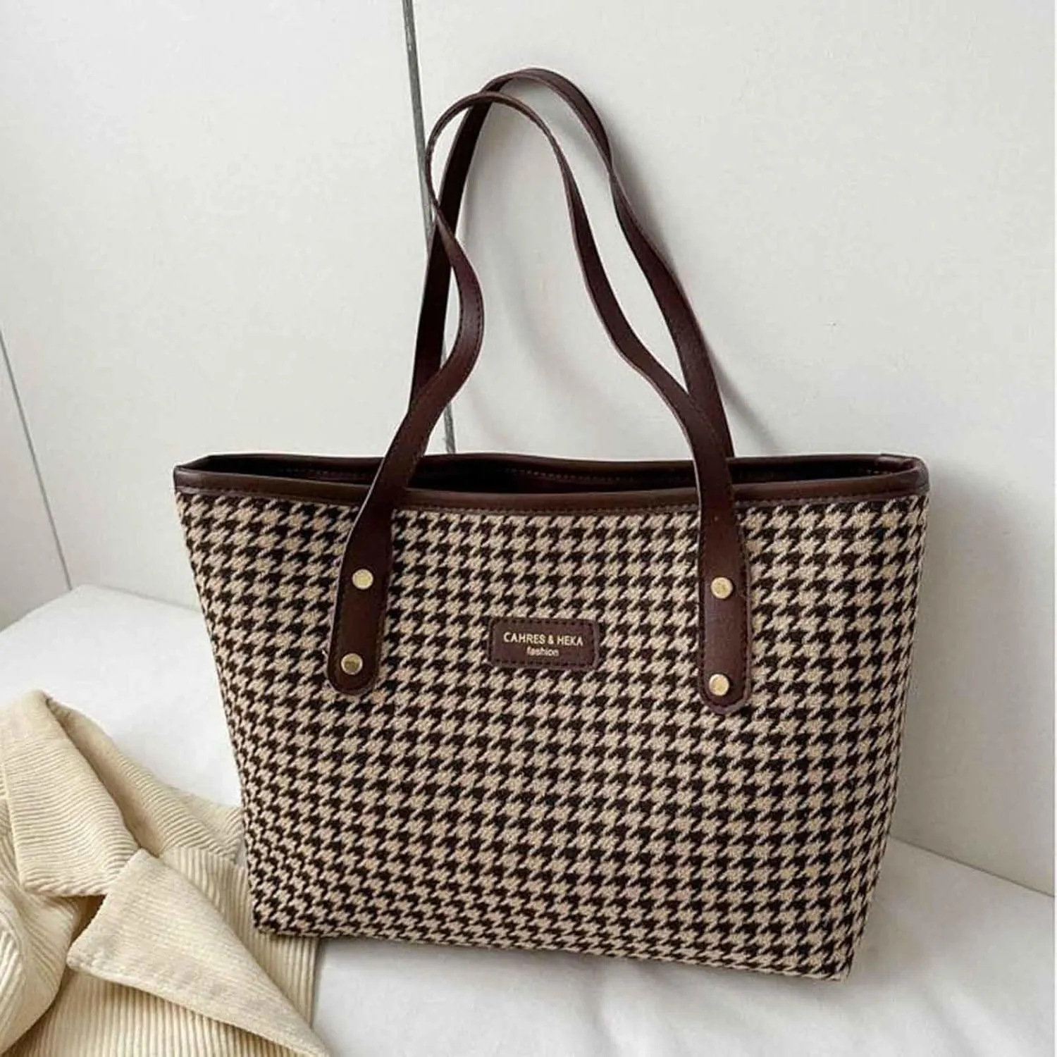 New Casual Versatile Handbag Korean Fashion Checkered One Shoulder Bag Purses for Women Shoulder Bags (Brown, One Size)