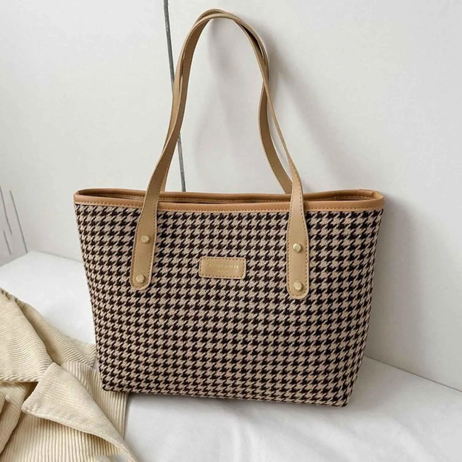 New Casual Versatile Handbag Korean Fashion Checkered One Shoulder Bag Purses for Women Shoulder Bags (Khaki, One Size)