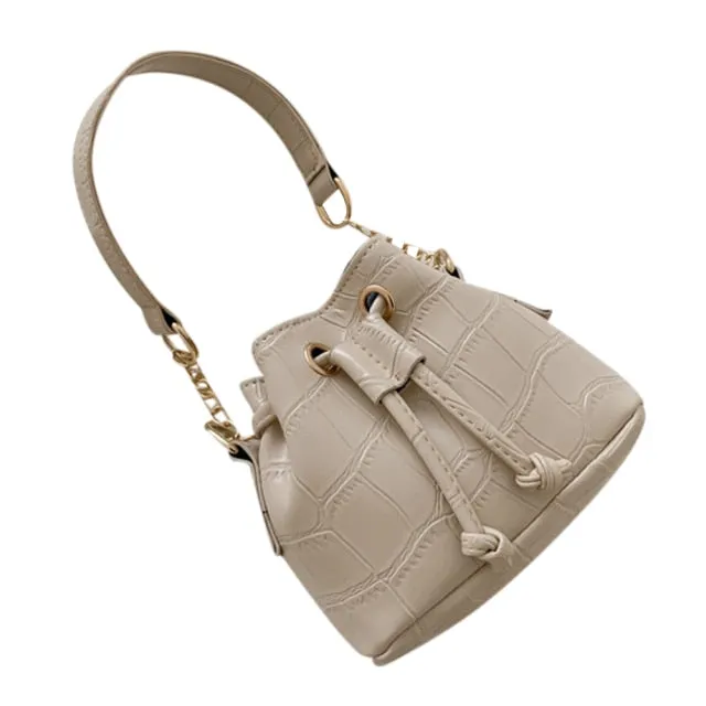 New Fashion Trend Women Alligator Pattern PU Leather Bucket Bag Chain Strap Drawstring Shoulder Tote Mini Crossbody Handbags