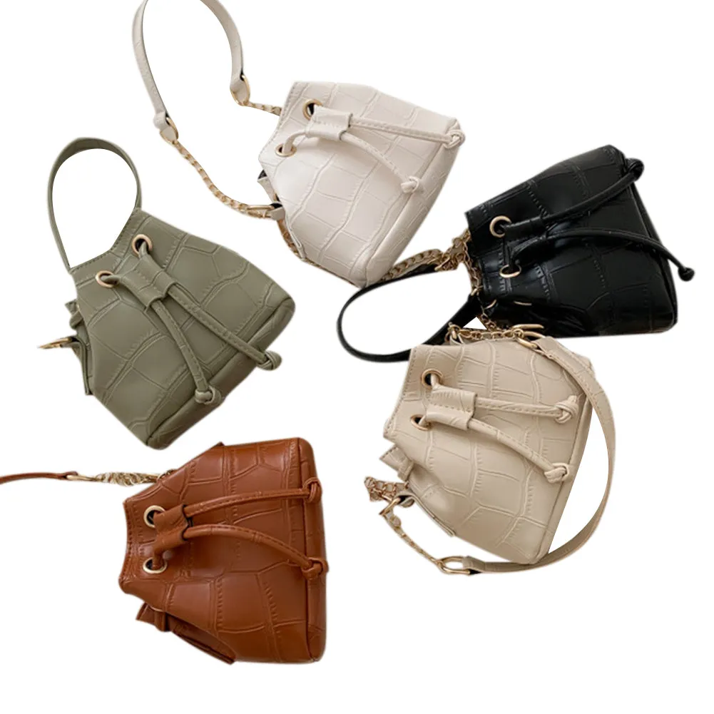 New Fashion Trend Women Alligator Pattern PU Leather Bucket Bag Chain Strap Drawstring Shoulder Tote Mini Crossbody Handbags