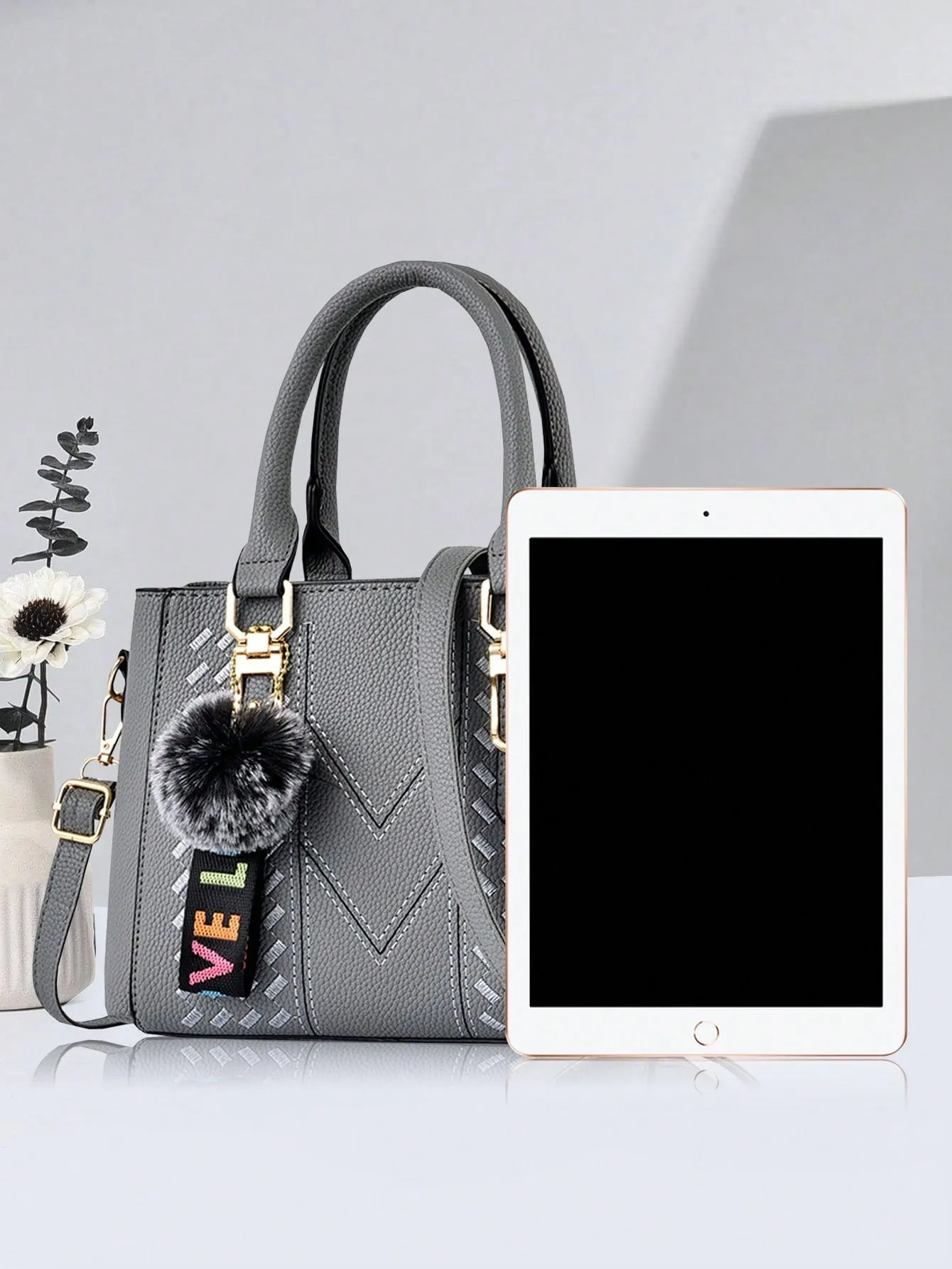 New Shoulder Handbag With Fur Ball Pendant, Casual Style, Mother's Day Gift For Mom, Must-Have For Mom, Perfect For Office, College, Work, Business, Commuting, Outdoor, Travel, Outing