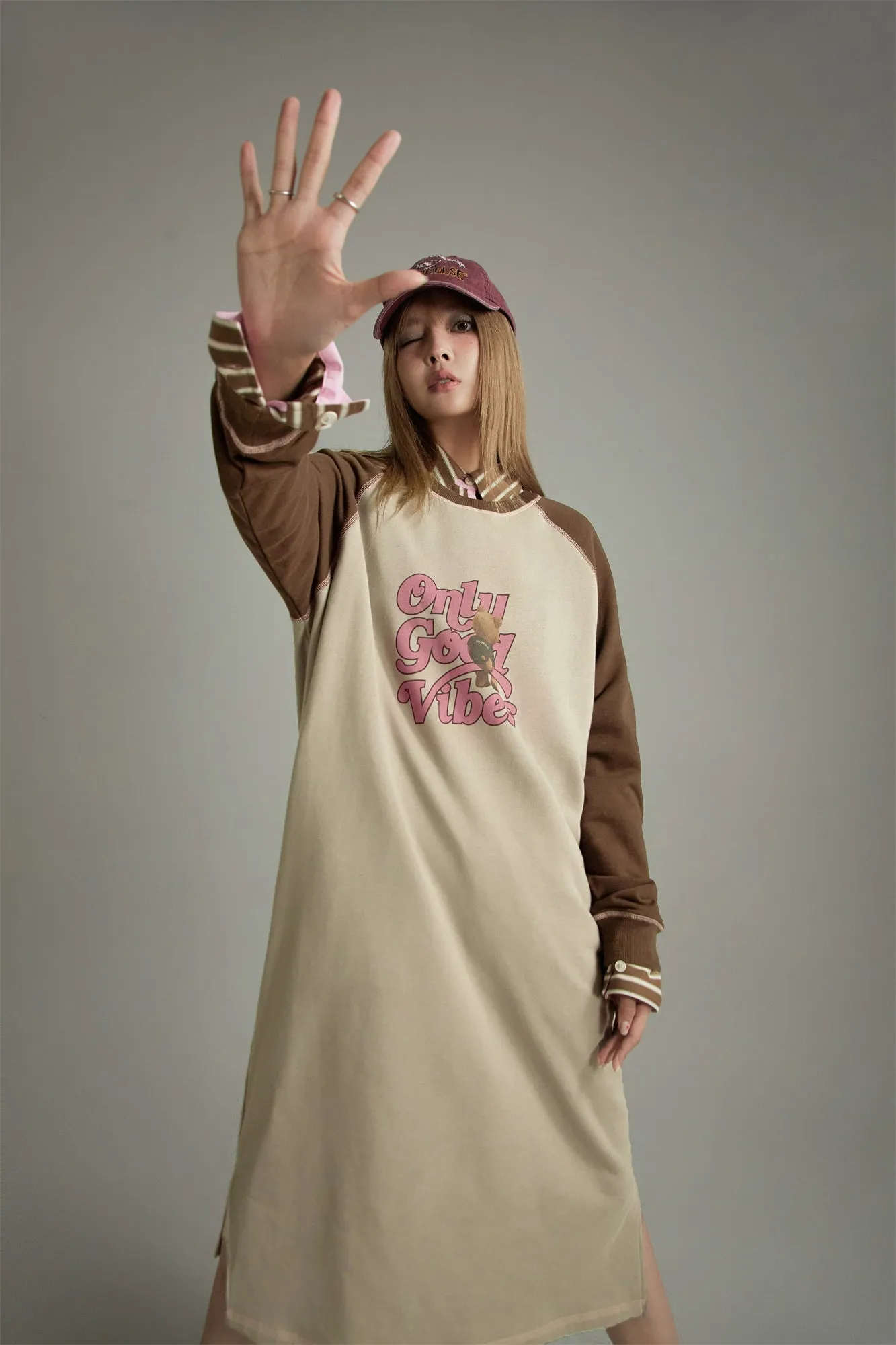 Only Good Vibes Teddy Bear Raglan Dress