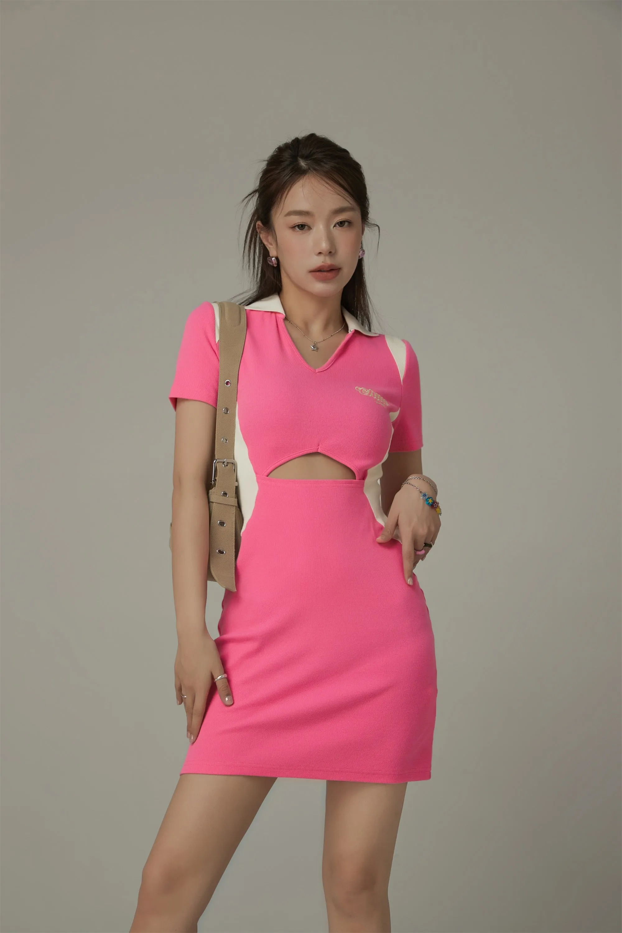 Open Collar Two Toned Cutout Short Sleeve Mini Dress