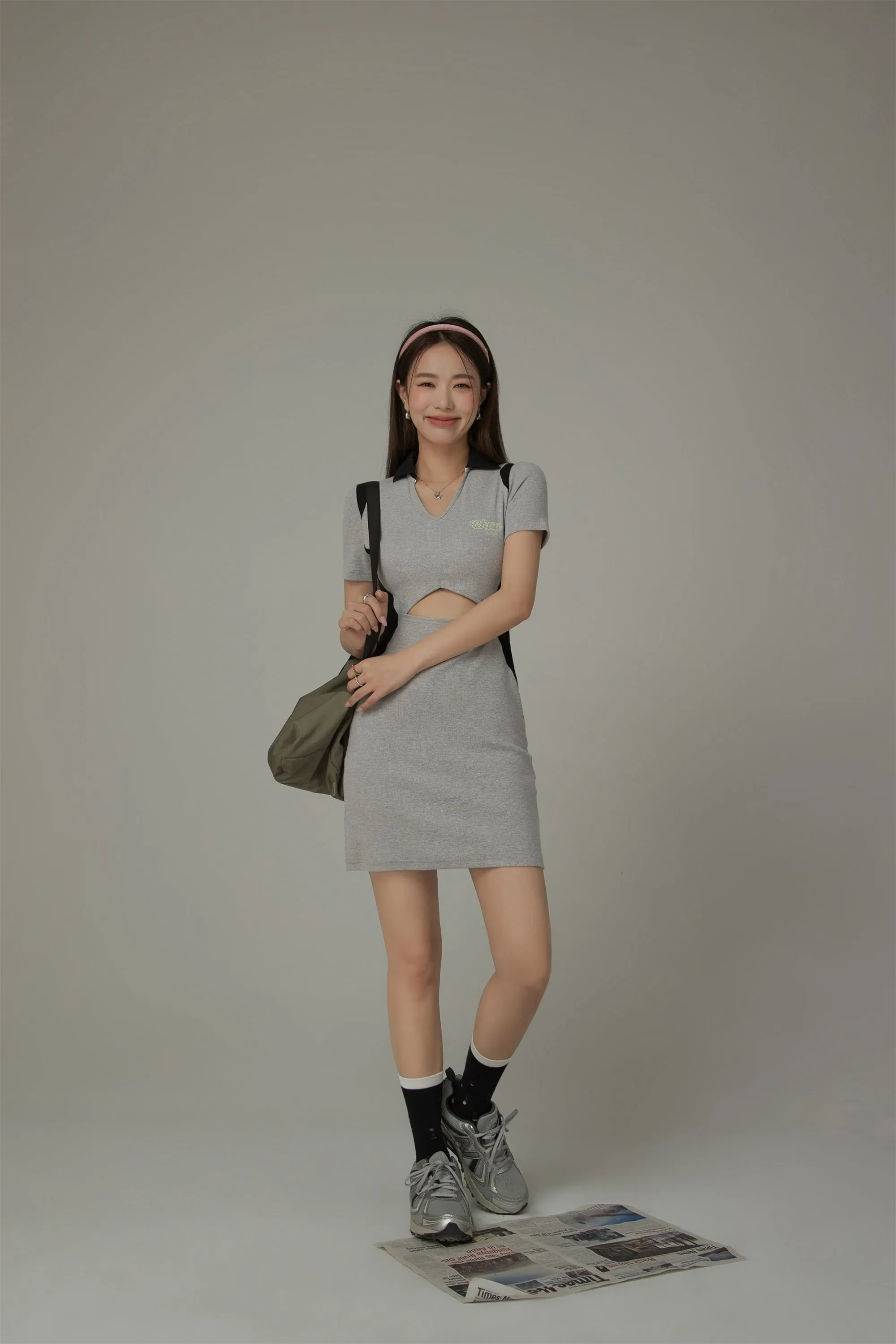 Open Collar Two Toned Cutout Short Sleeve Mini Dress