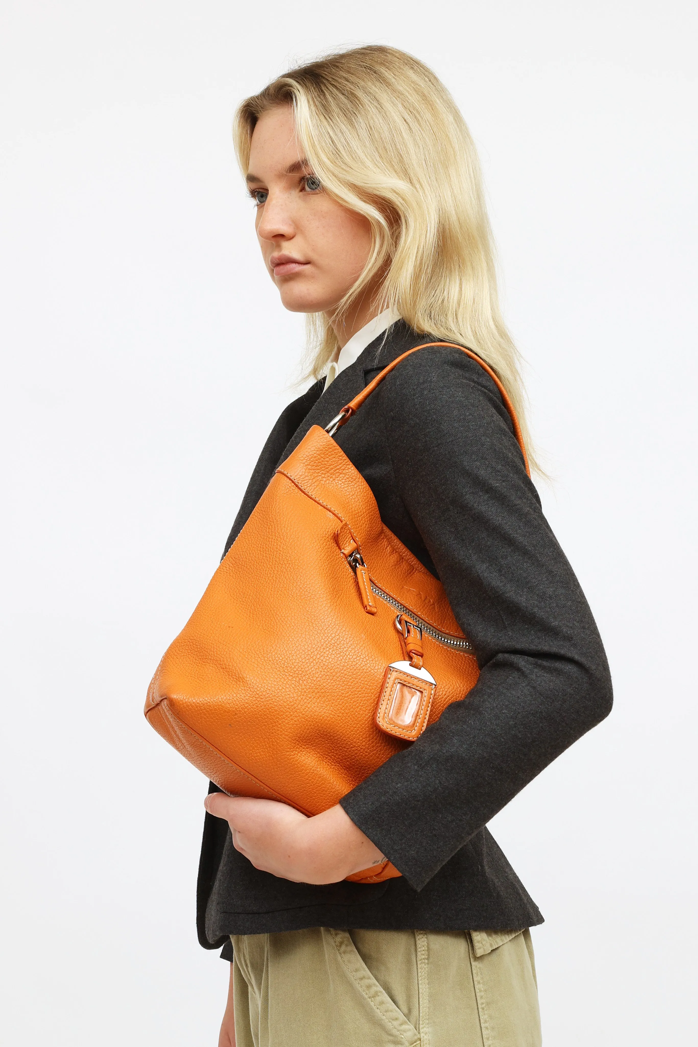 Orange Soft Leather Bucket Tote Bag