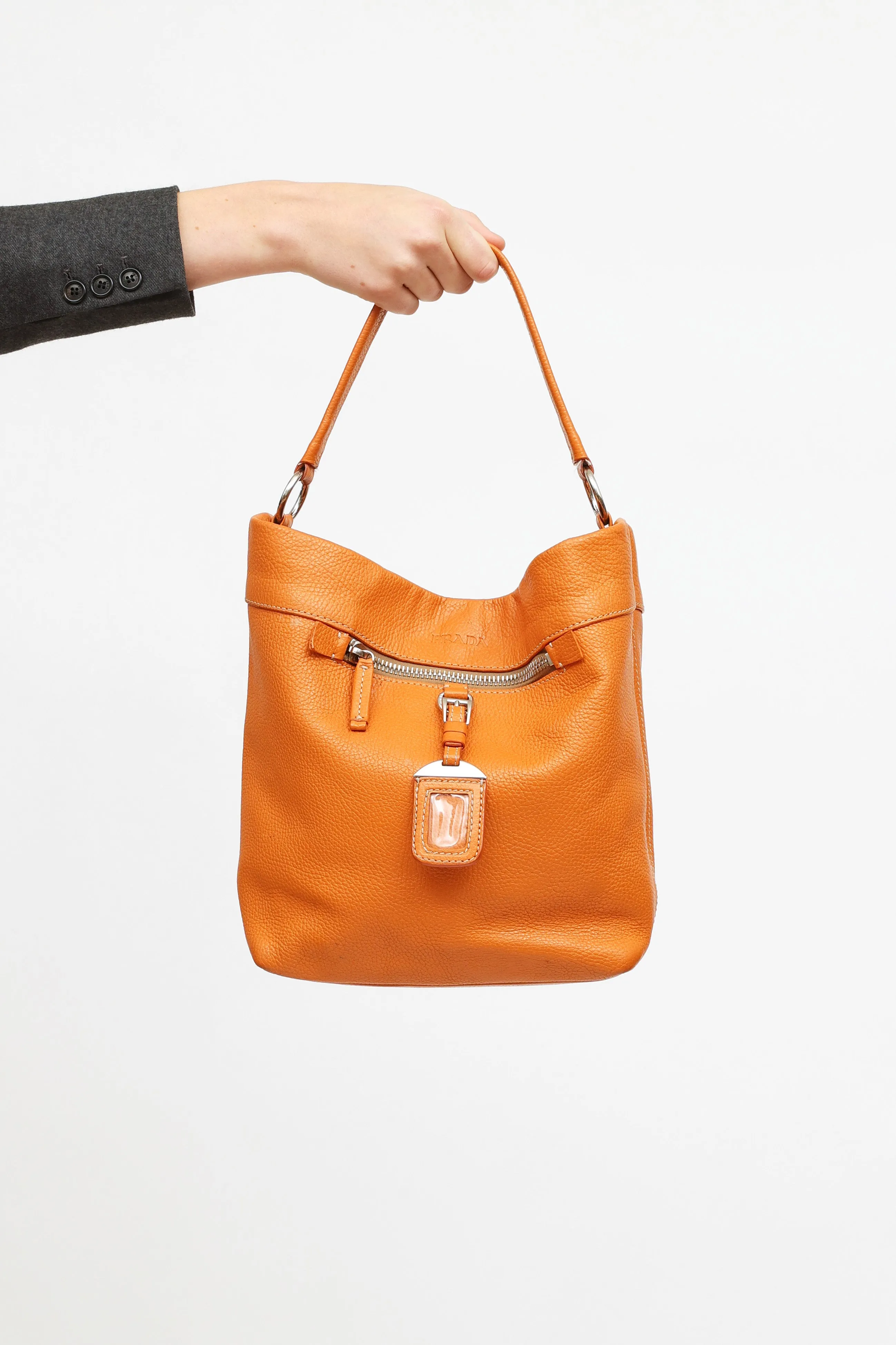 Orange Soft Leather Bucket Tote Bag