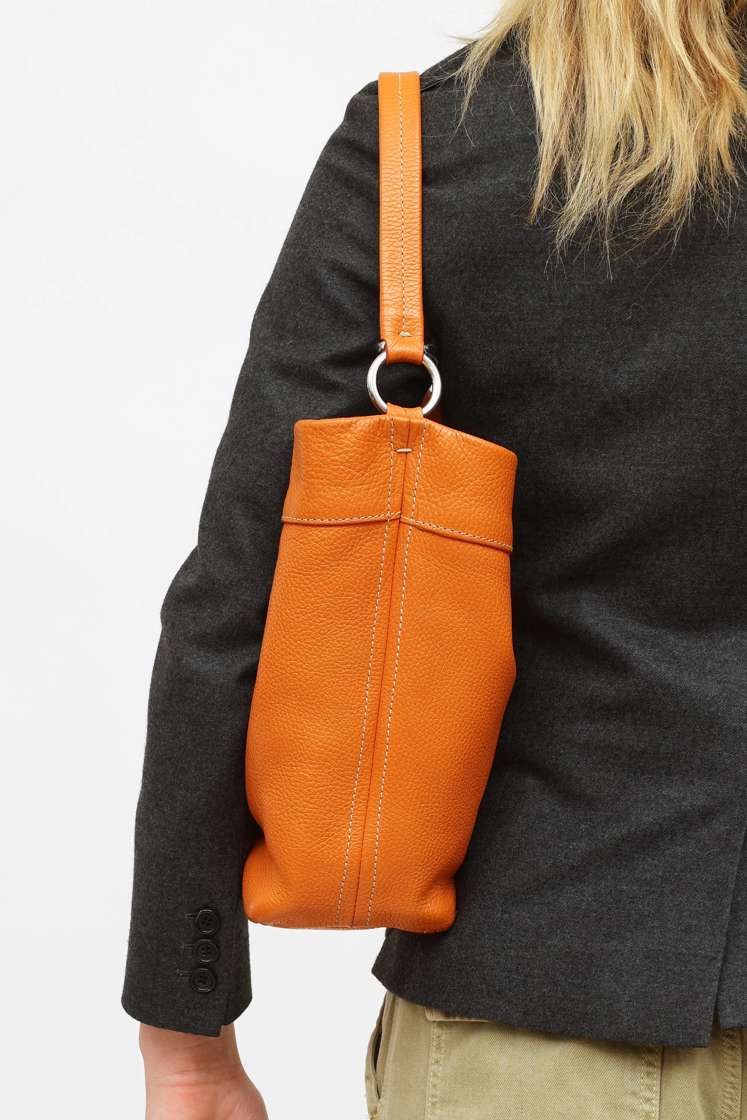 Orange Soft Leather Bucket Tote Bag