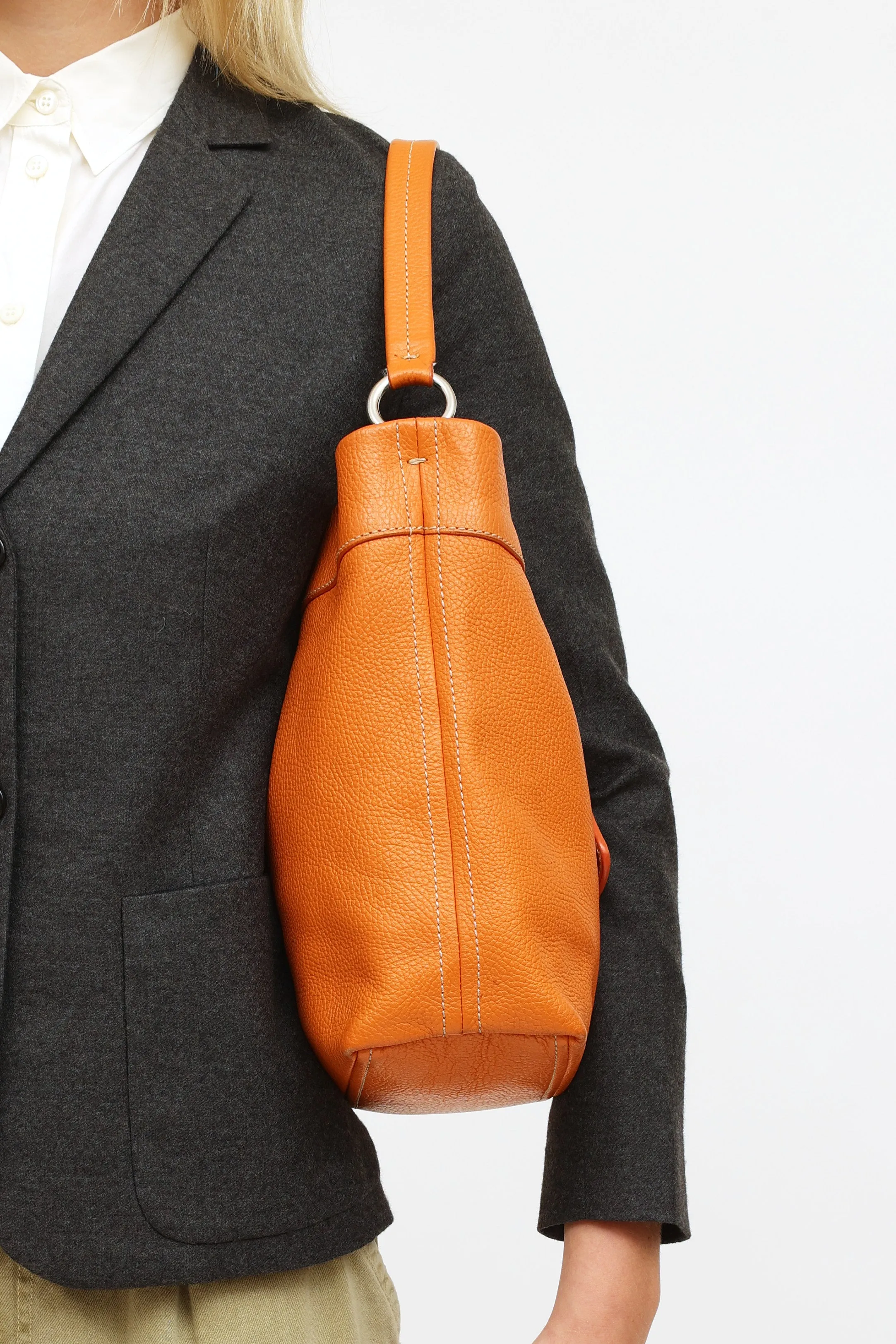 Orange Soft Leather Bucket Tote Bag