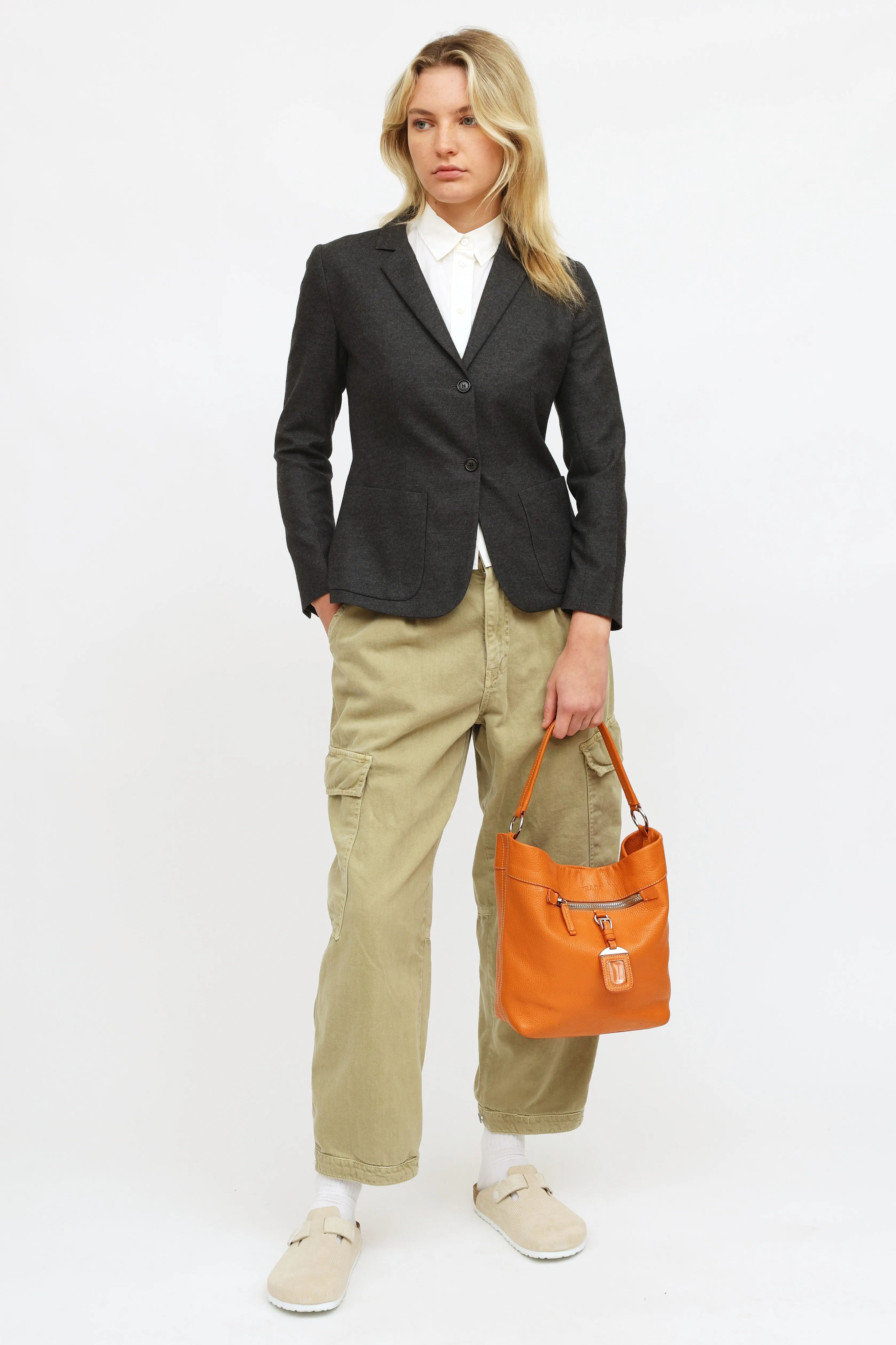 Orange Soft Leather Bucket Tote Bag