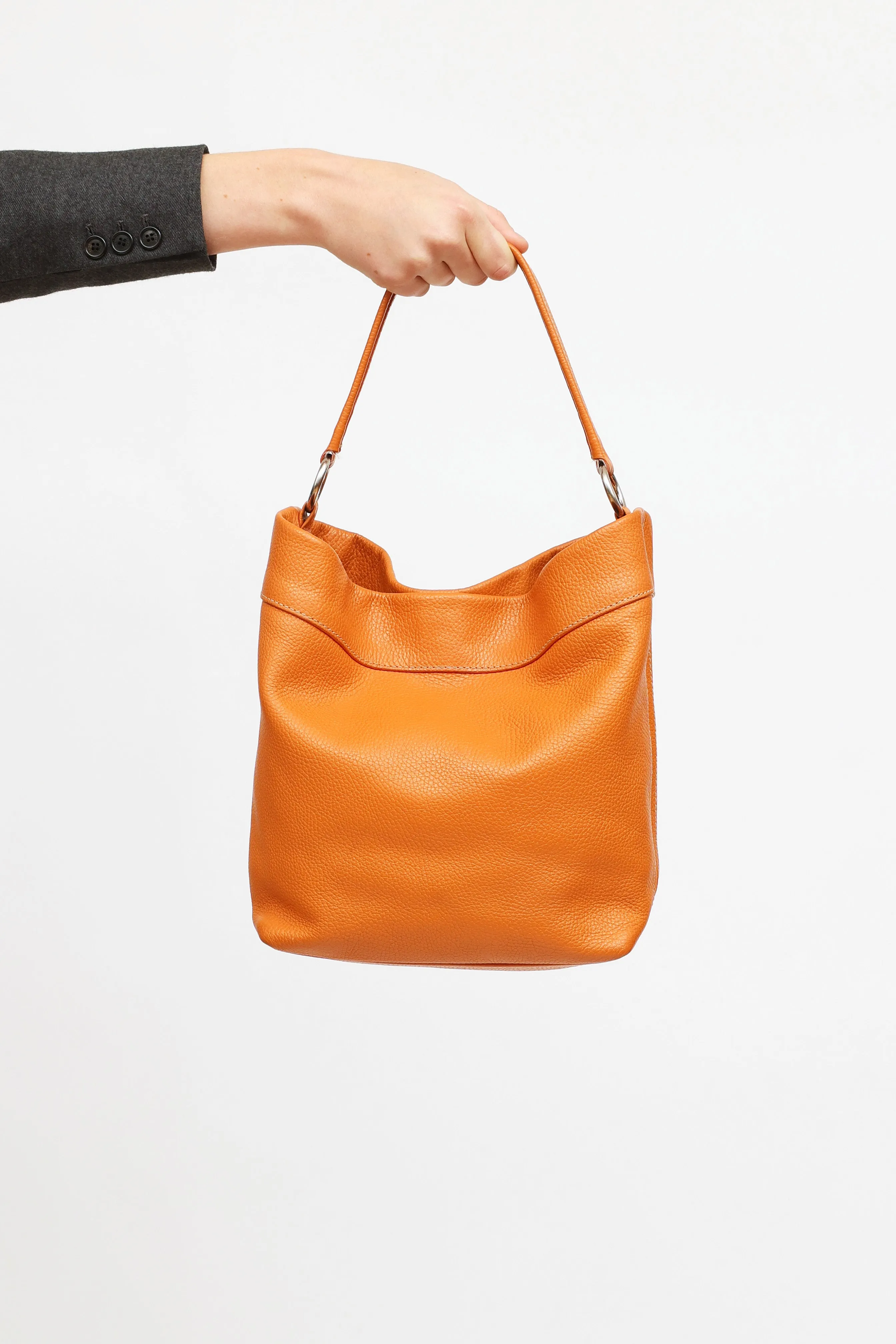 Orange Soft Leather Bucket Tote Bag