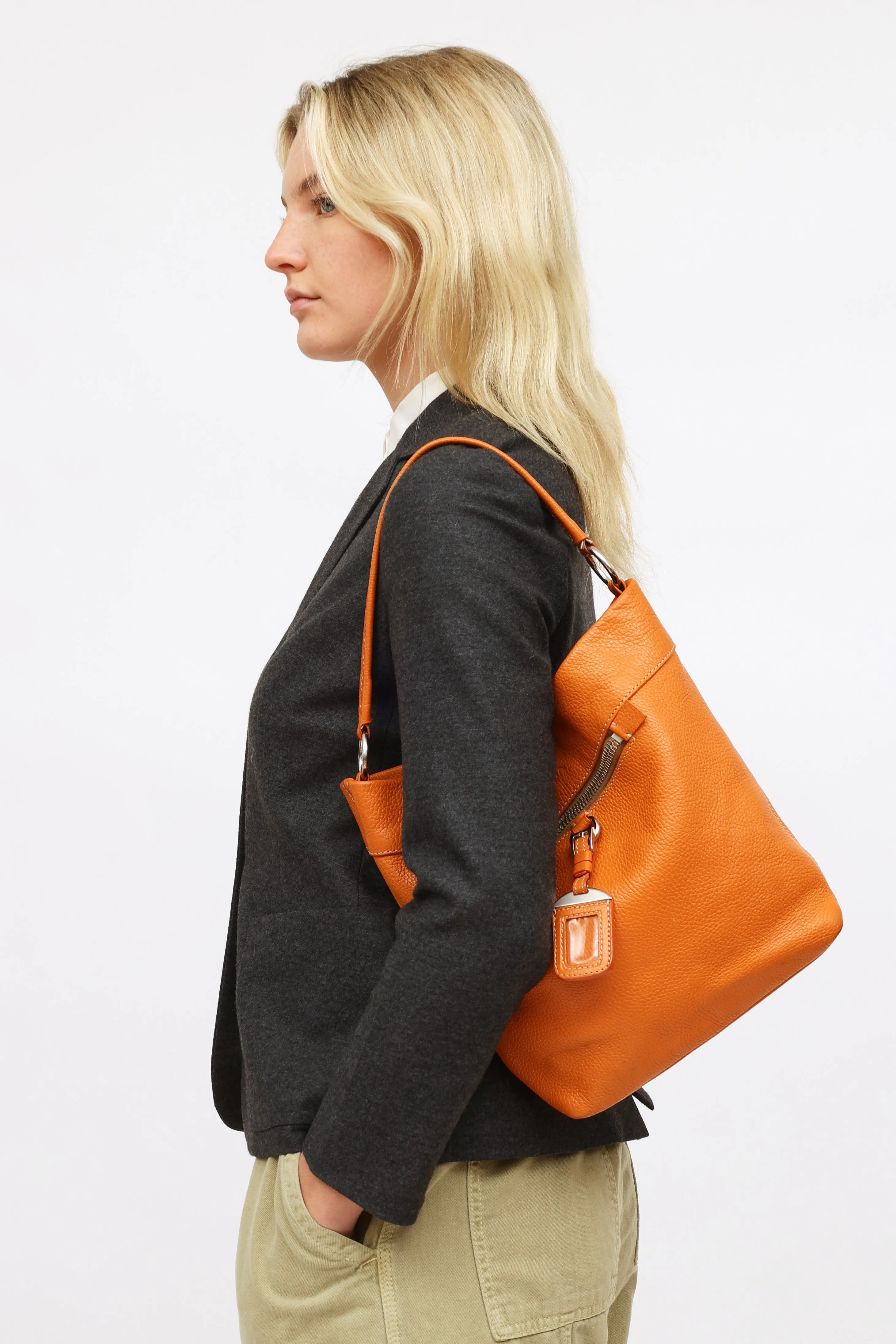 Orange Soft Leather Bucket Tote Bag