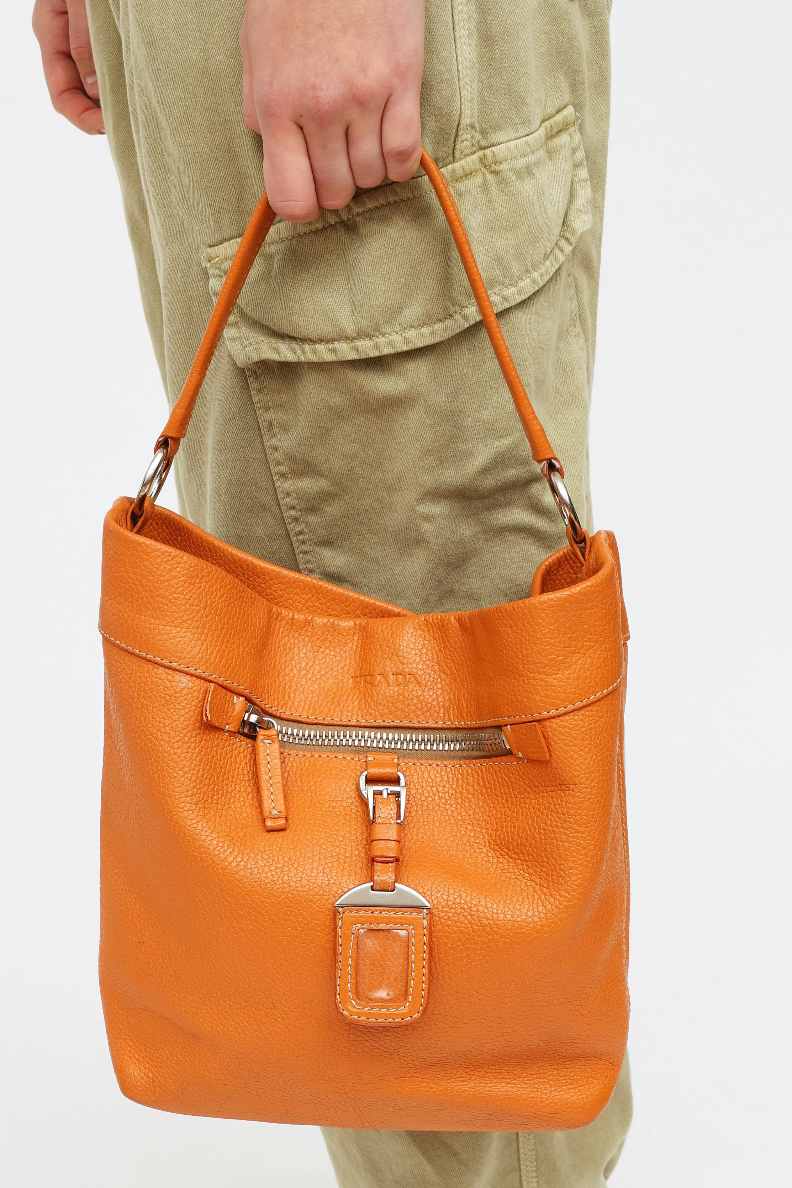 Orange Soft Leather Bucket Tote Bag