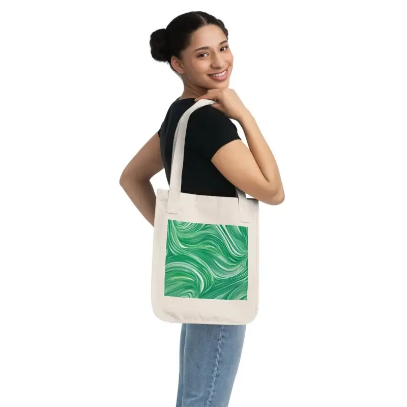 Organic Canvas Tote Bag with Wavy Pattern on Green