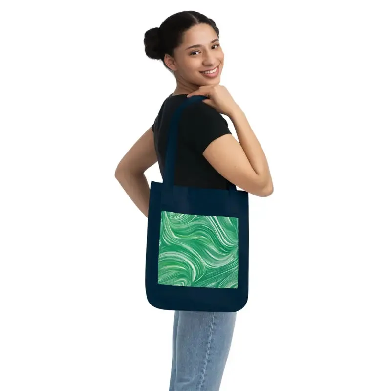 Organic Canvas Tote Bag with Wavy Pattern on Green