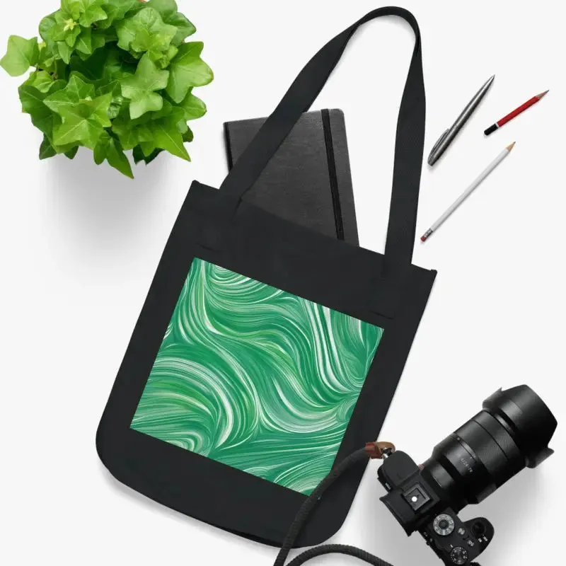 Organic Canvas Tote Bag with Wavy Pattern on Green
