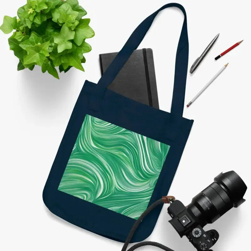 Organic Canvas Tote Bag with Wavy Pattern on Green