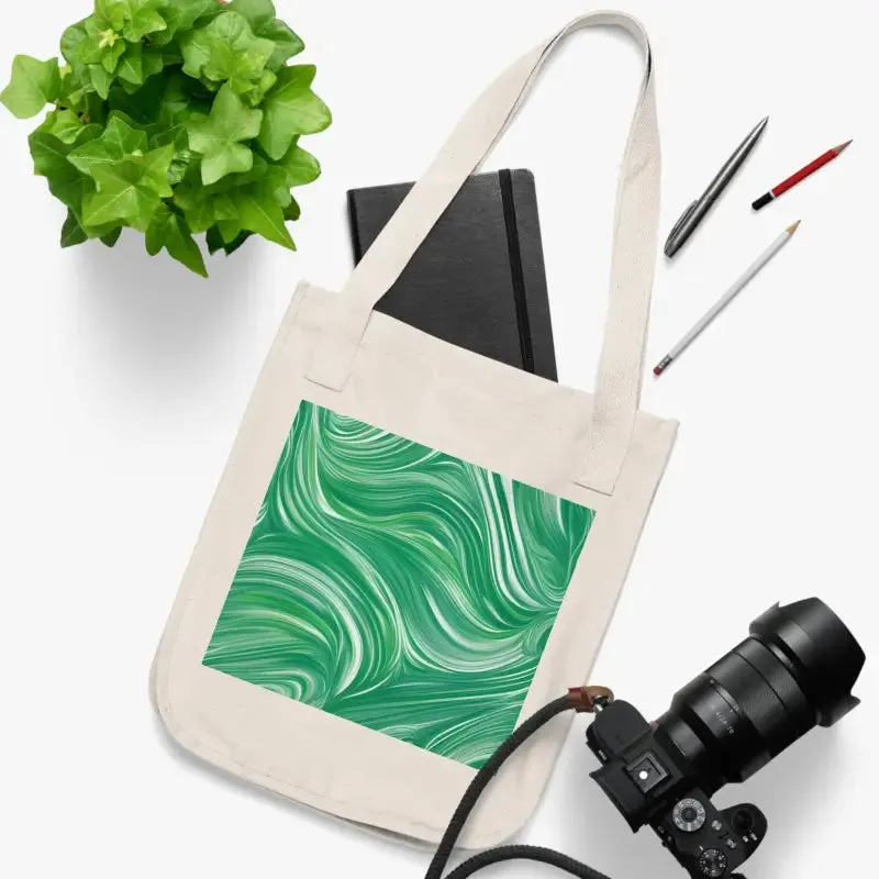 Organic Canvas Tote Bag with Wavy Pattern on Green