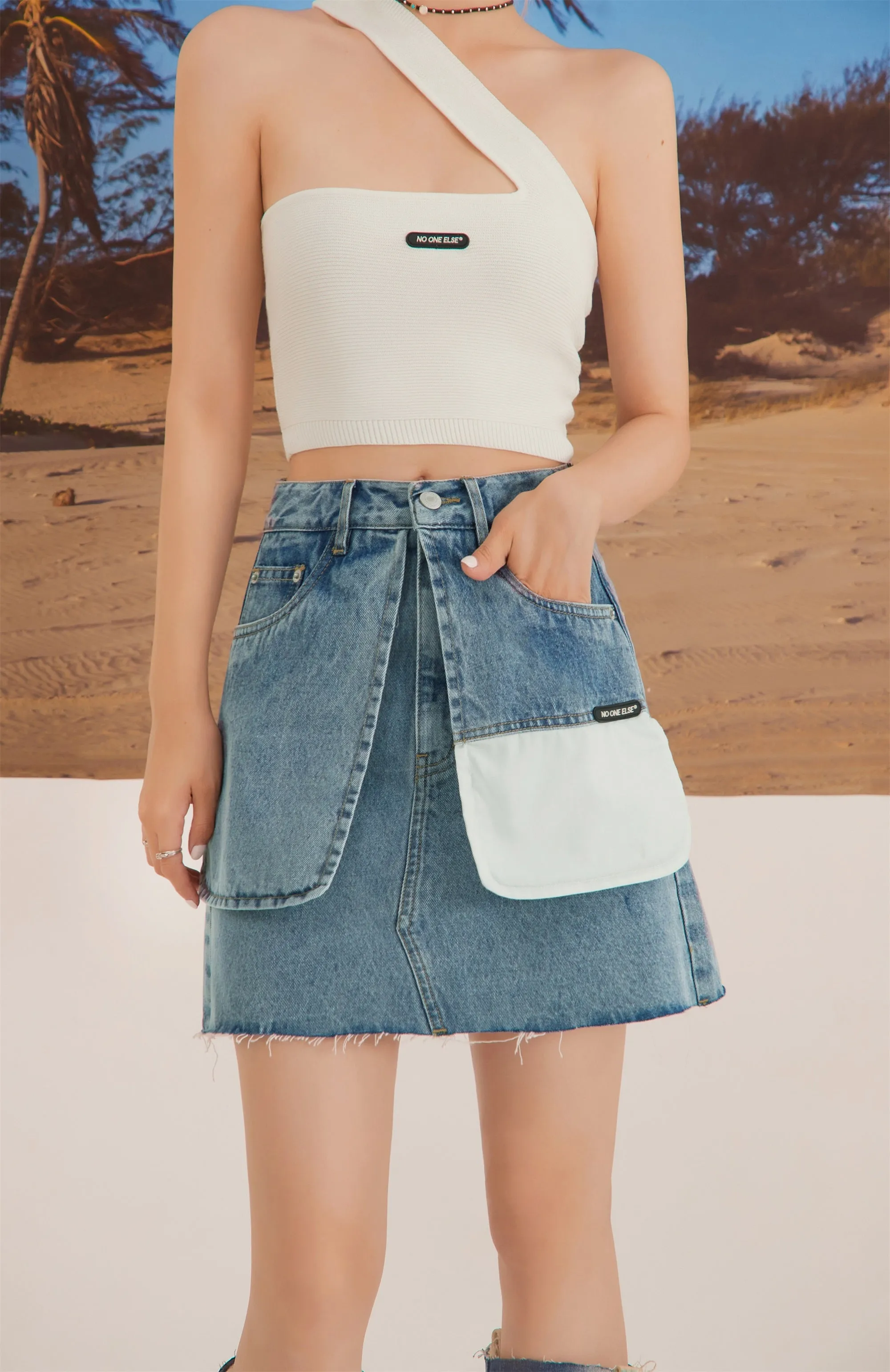 Outside Pocket Flaps Denim Mini Skirt