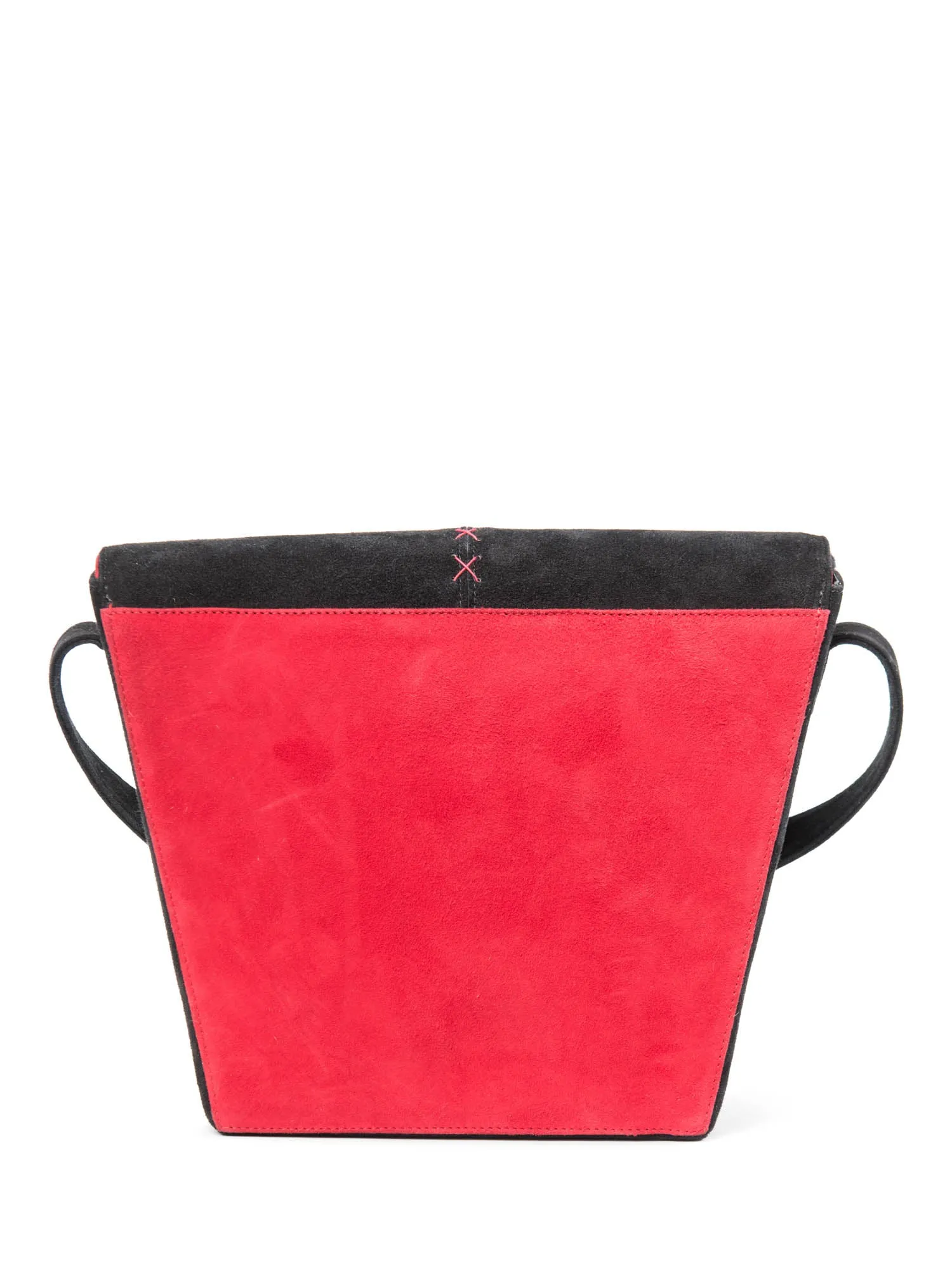 Paloma Picasso Vintage Suede Logo Stitched Shield Clasp Messenger Bag Red Black
