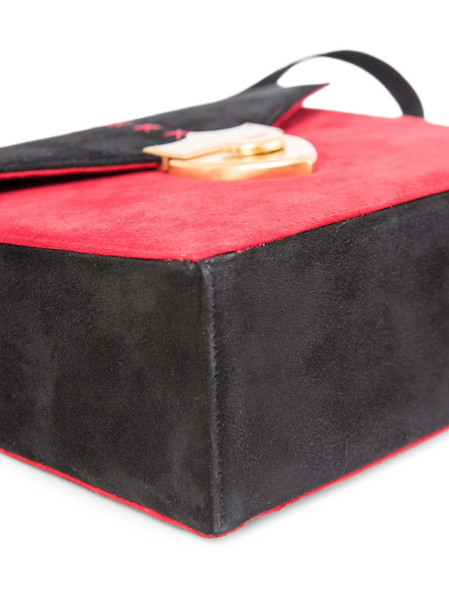 Paloma Picasso Vintage Suede Logo Stitched Shield Clasp Messenger Bag Red Black