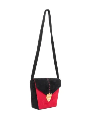 Paloma Picasso Vintage Suede Logo Stitched Shield Clasp Messenger Bag Red Black