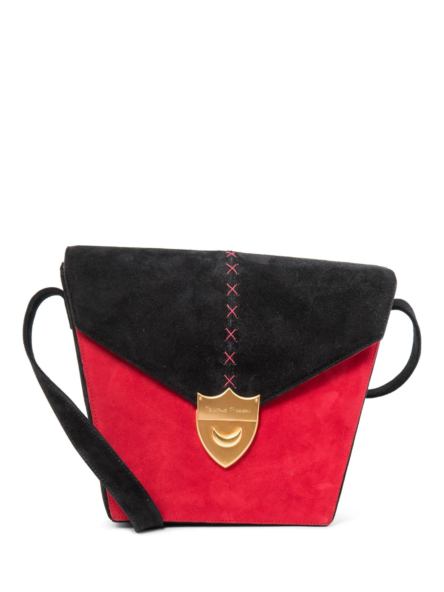 Paloma Picasso Vintage Suede Logo Stitched Shield Clasp Messenger Bag Red Black