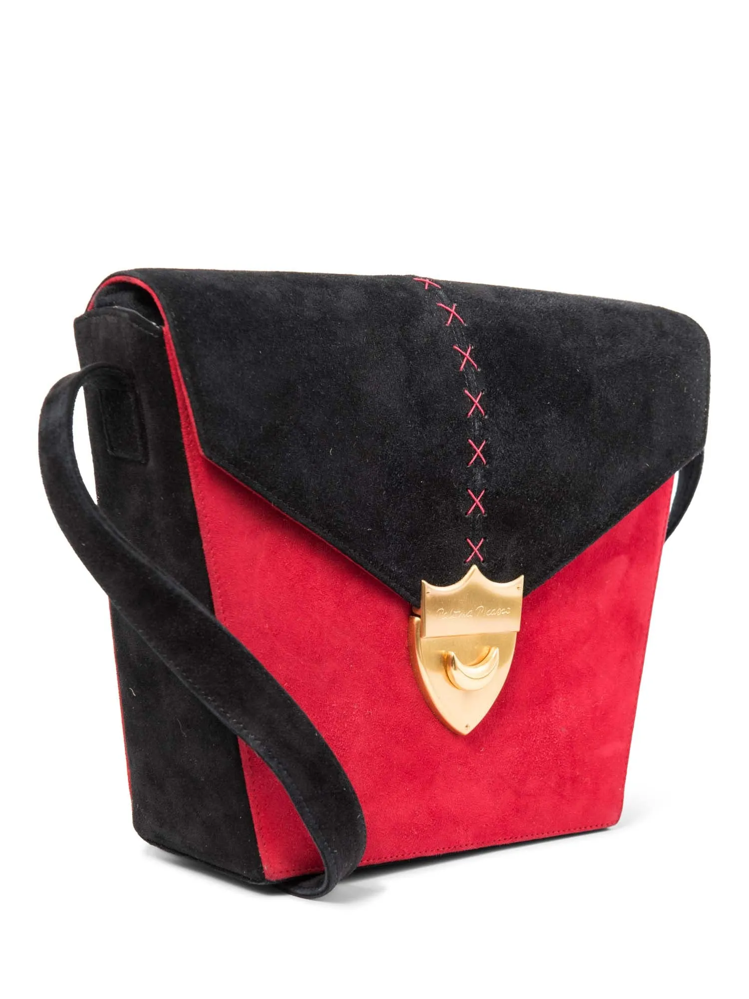 Paloma Picasso Vintage Suede Logo Stitched Shield Clasp Messenger Bag Red Black