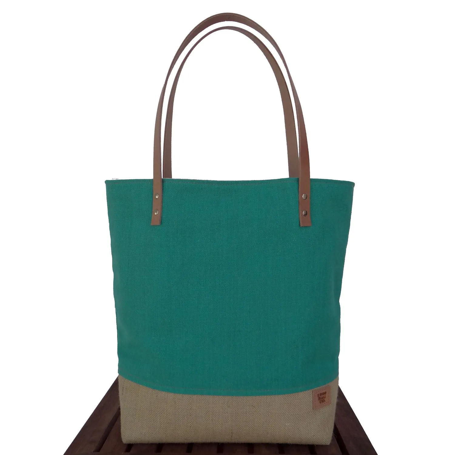 Panama Capri and Burlap Tote Bag - Teal and Beige