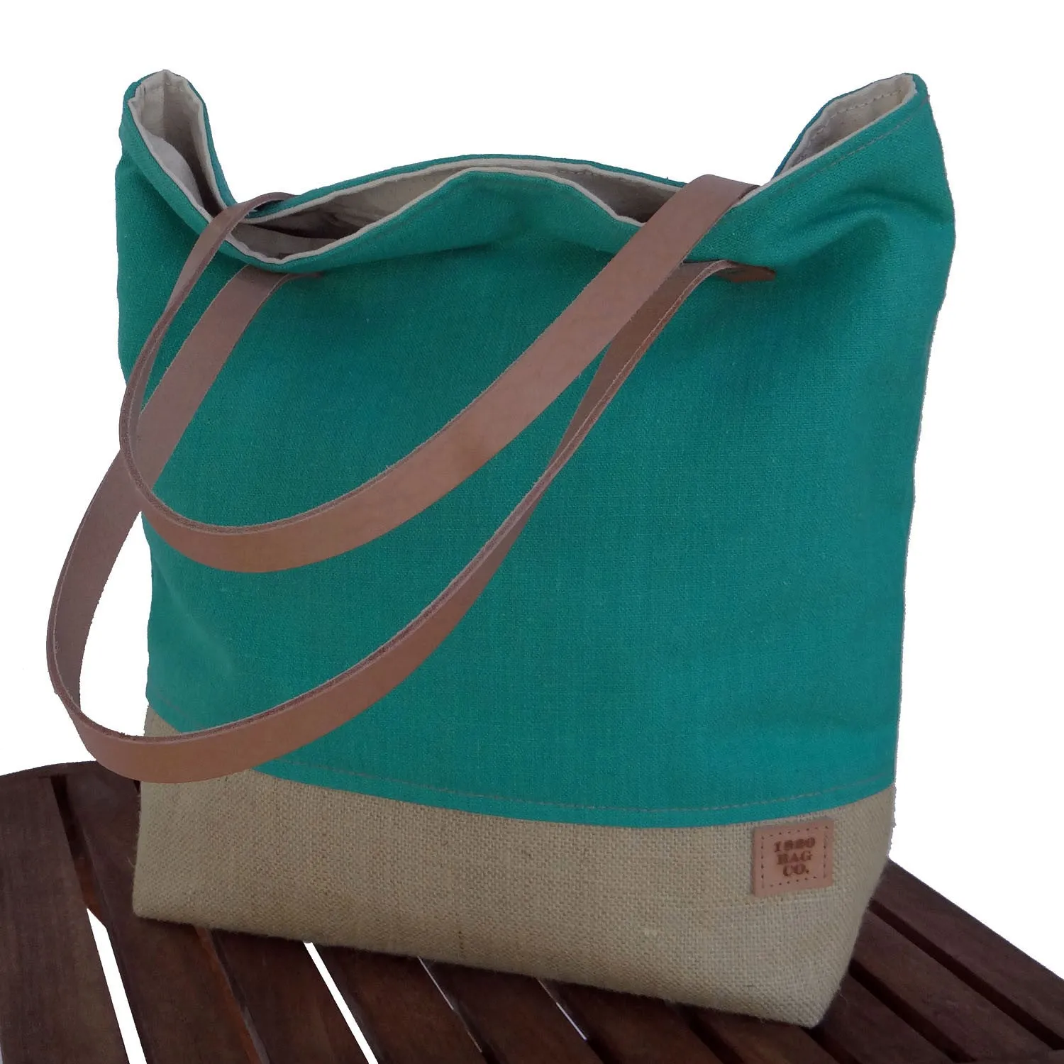 Panama Capri and Burlap Tote Bag - Teal and Beige