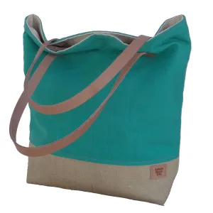 Panama Capri and Burlap Tote Bag - Teal and Beige