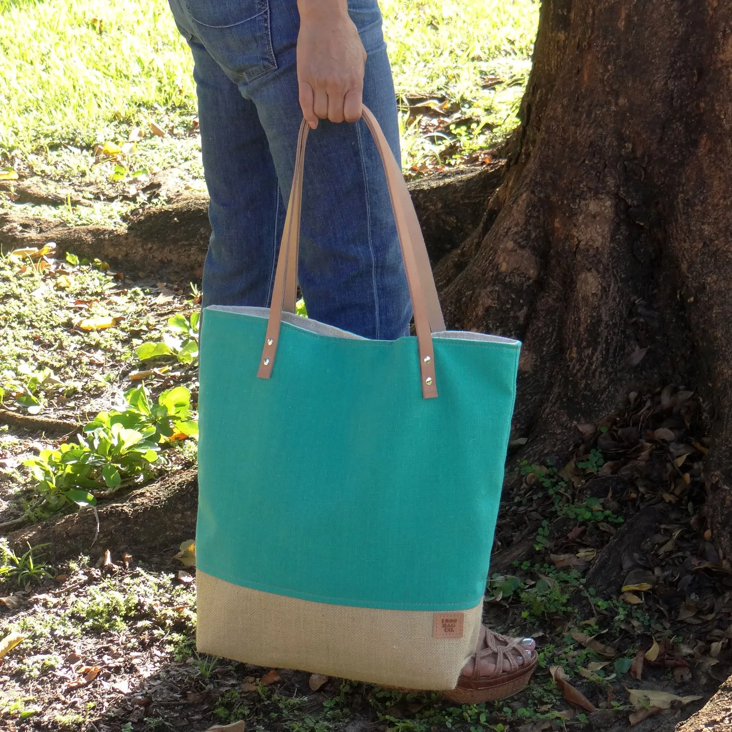 Panama Capri and Burlap Tote Bag - Teal and Beige