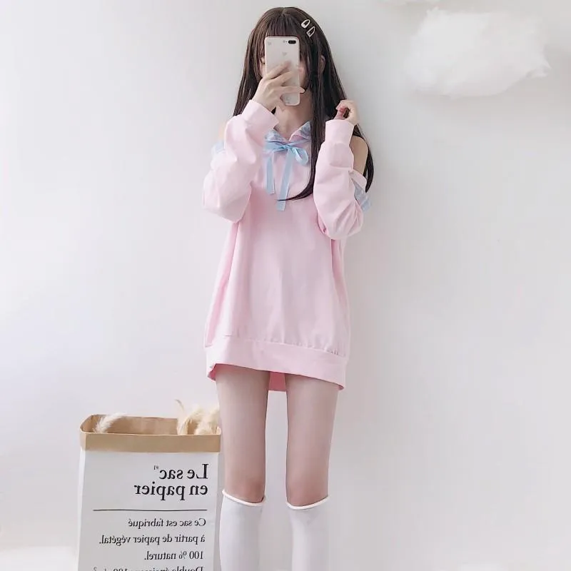 Pastel Pink Open Shoulder Loose Sweater SD00263