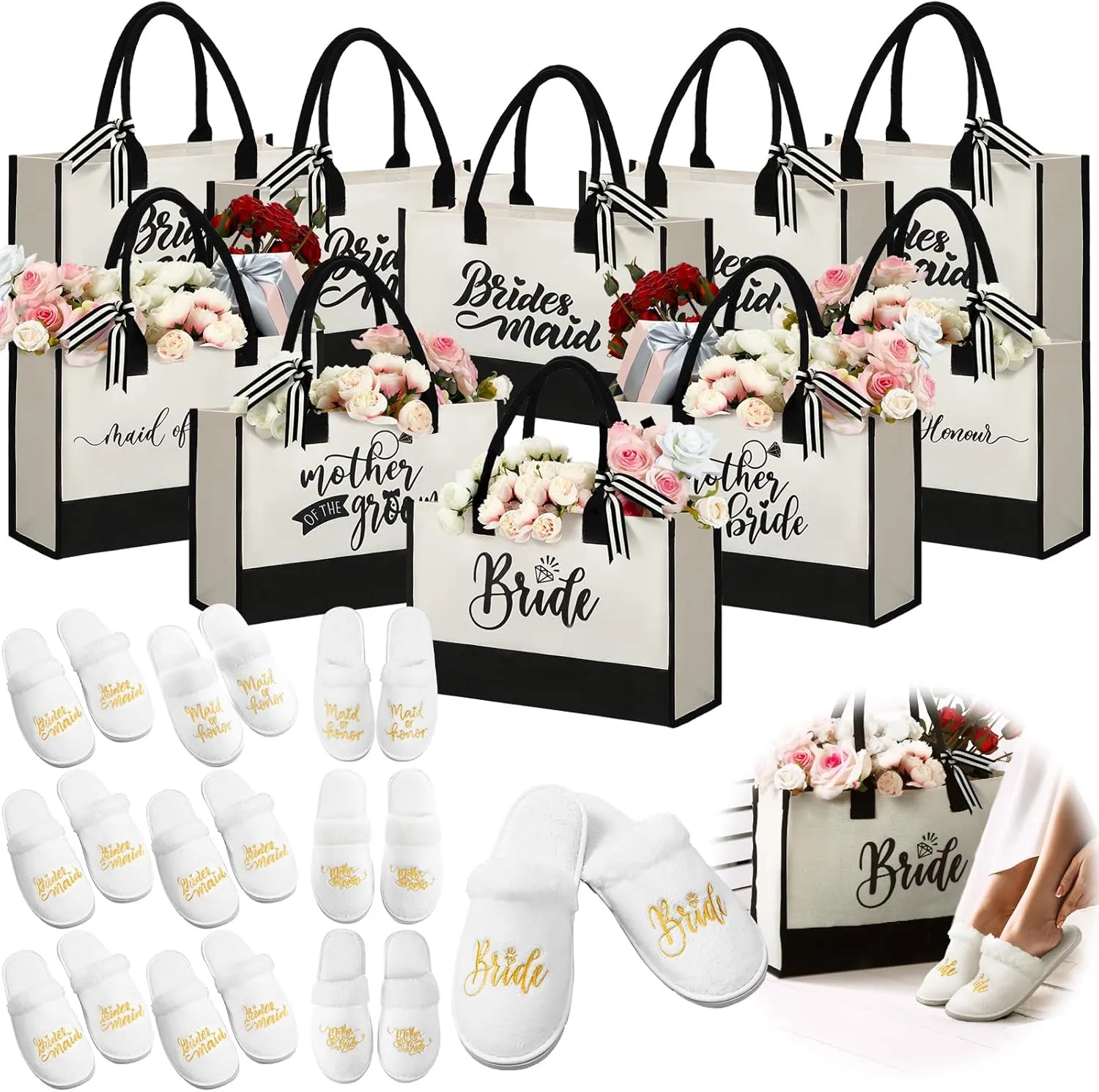 Paterr 10 Pcs Bride Canvas Tote Bags and 10 Pairs Women's Bride Slippers Set Wedding Bridesmaid Bride Gift Bag for Wedding Bridal Shower Bachelorette Proposal Party Favor Present, White, Black, Gold