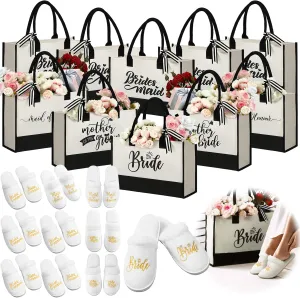 Paterr 10 Pcs Bride Canvas Tote Bags and 10 Pairs Women's Bride Slippers Set Wedding Bridesmaid Bride Gift Bag for Wedding Bridal Shower Bachelorette Proposal Party Favor Present, White, Black, Gold