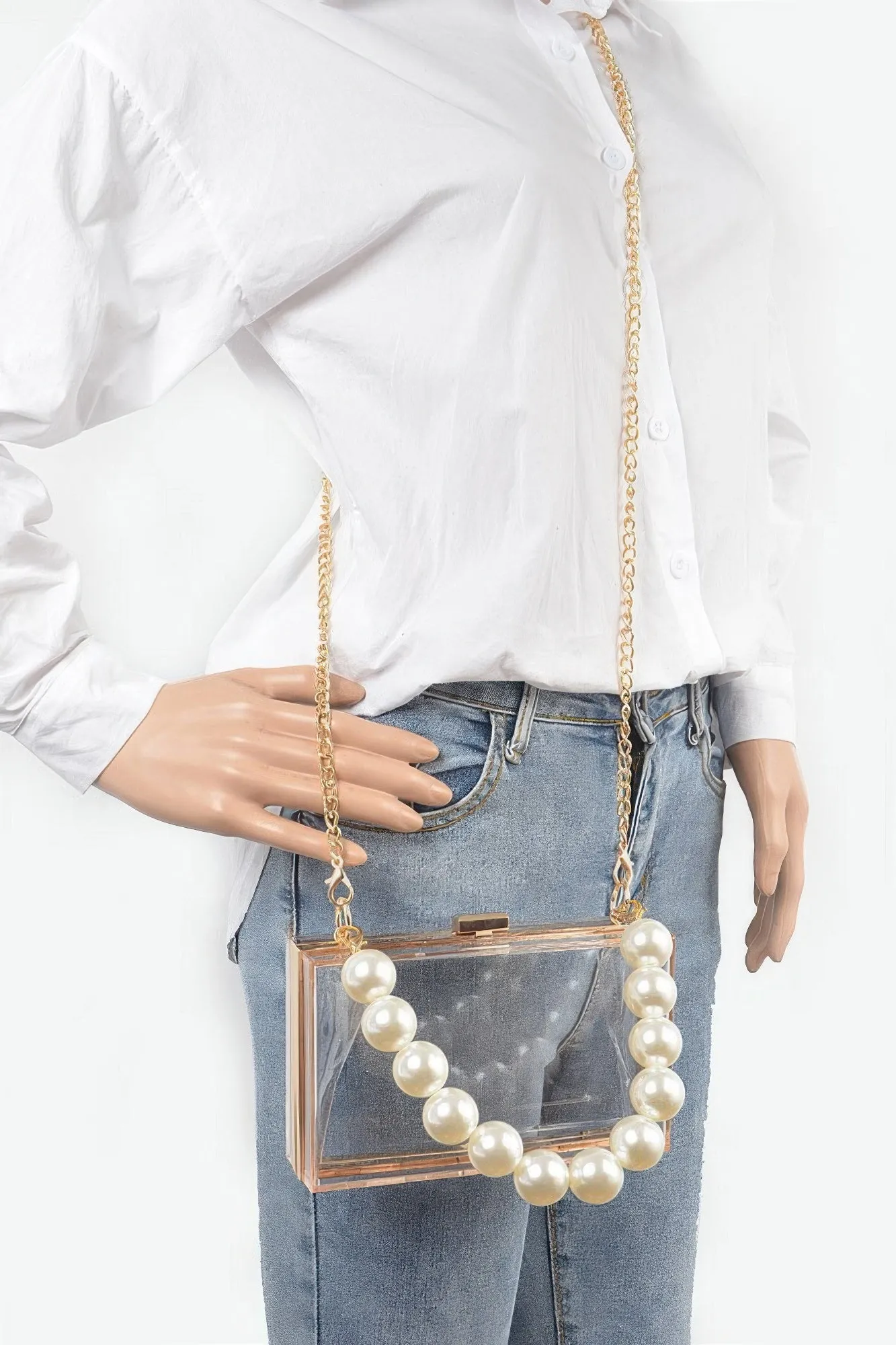 Pearl Handle Transparent Frame Clutch