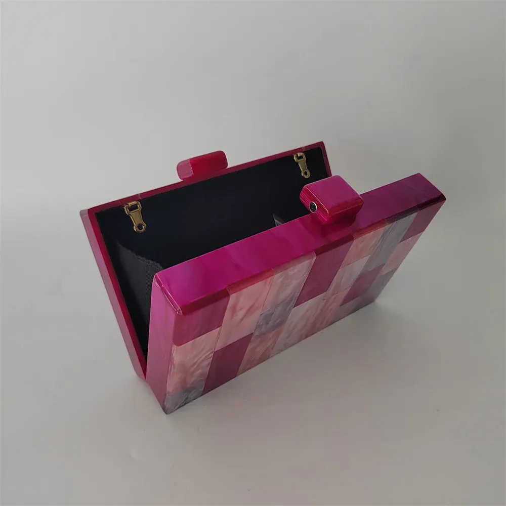 Pearl Hot Rose Pink Plaid Acrylic  Evening Clutch Bags