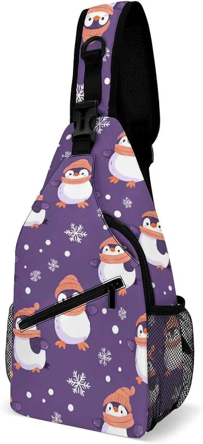 Penguin Snowflake Purple Polka Dot Chest Bag for Men Backpack Crossbody Sling Bags Travel Daypack for Outdoors Hiking