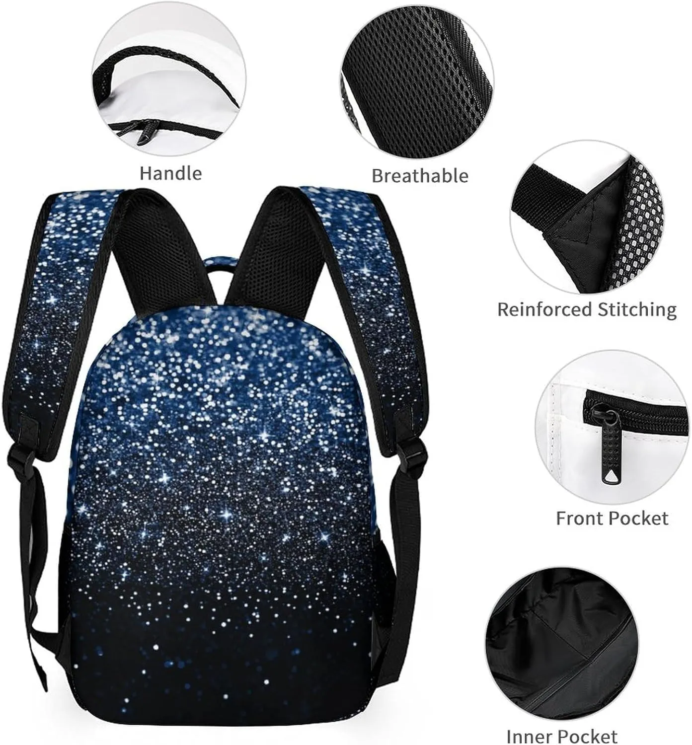 Personalized Blue Glitter Print Navy Black Backpacks Sets for Boys Girls Backpack and Lunch Box Pencil Pouch Back to School Gifts for Daughter Son