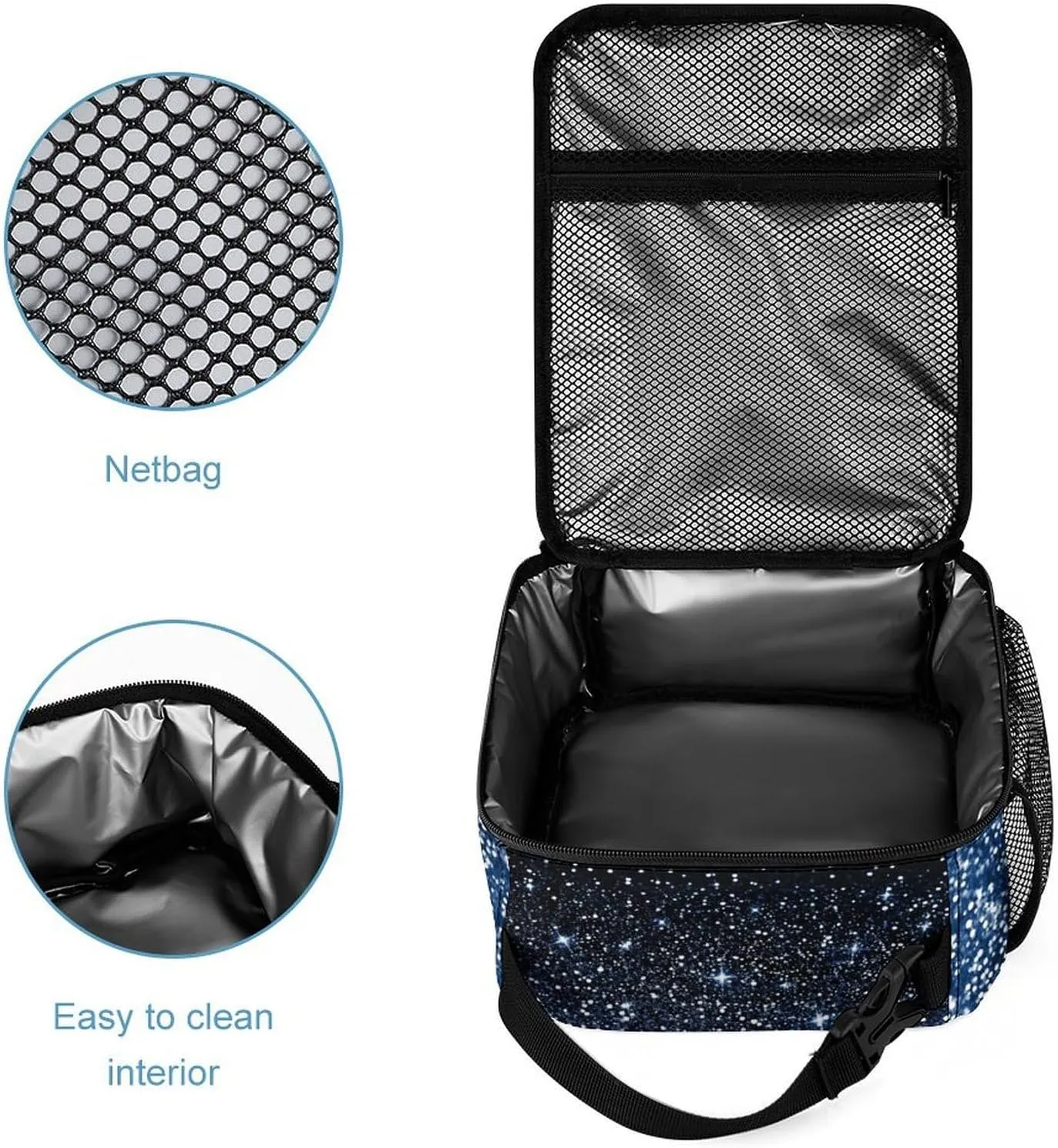 Personalized Blue Glitter Print Navy Black Backpacks Sets for Boys Girls Backpack and Lunch Box Pencil Pouch Back to School Gifts for Daughter Son