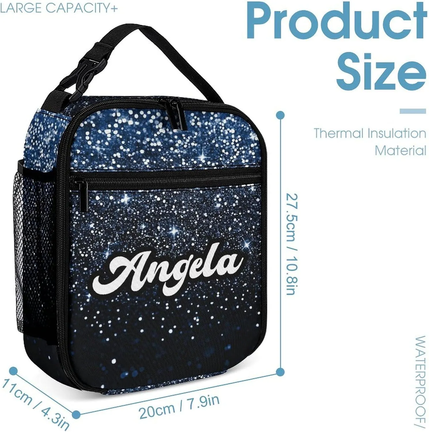 Personalized Blue Glitter Print Navy Black Backpacks Sets for Boys Girls Backpack and Lunch Box Pencil Pouch Back to School Gifts for Daughter Son
