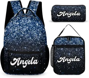 Personalized Blue Glitter Print Navy Black Backpacks Sets for Boys Girls Backpack and Lunch Box Pencil Pouch Back to School Gifts for Daughter Son
