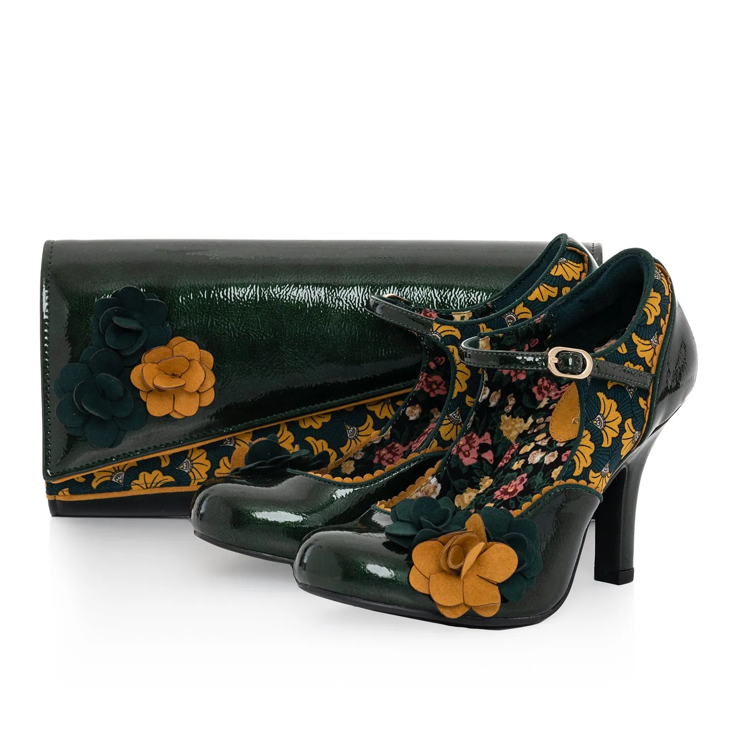 Perth Forest Green Asymmetric Clutch Bag Matches Quinn Mary Jane by Ruby Shoo