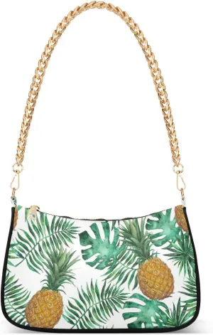 Pineapple Plam Leaves Tropical Shoulder Handbags for Women Travel Hobo Tote Handbag Women Gold Chain Shoulder Bags Purse with Zipper Closure