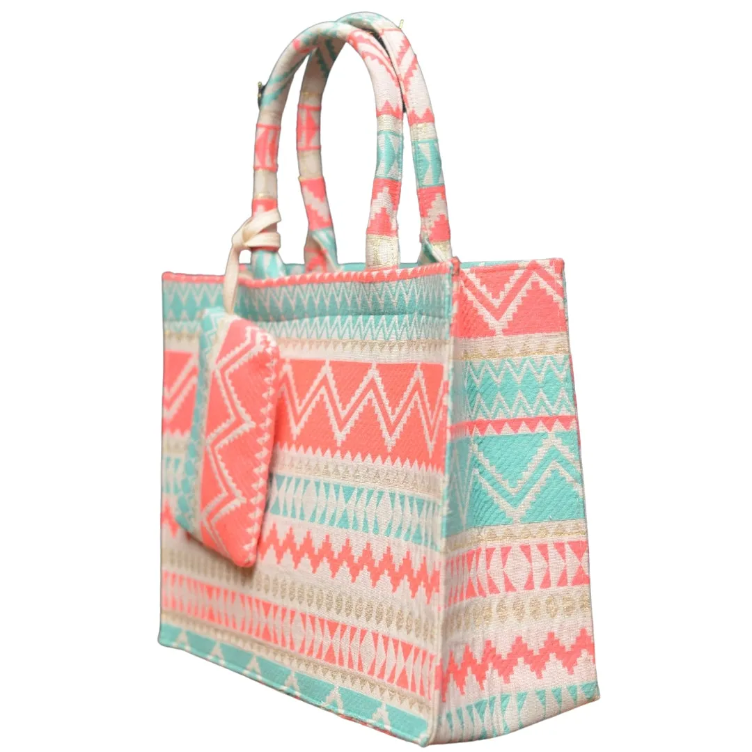 Pink and Sky Blue Color Geometric Pattern Tote Bag