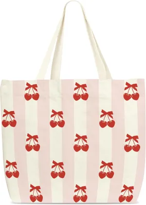 Pink Bow Tote Bag, Cherry Tote Bags, Pink Bow Cherry Library Book Bag, Aesthetic Canvas Tote Bag For Shopping, Cute Gifts For Women Friends Family Mother Colleagues -E(05)