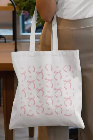 Pink bows and hearts White Tote Bag with Zipper (Coquette Themed)