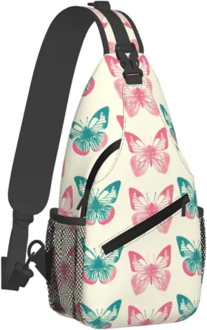Pink Butterflies Backpack Travel Hiking Daypack Chest Bags Crossbody Shoulder Bag